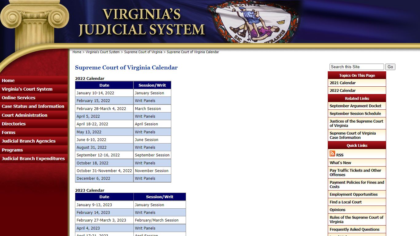 Supreme Court of Virginia Calendar - courts.state.va.us